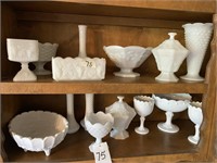 White Glass & Milk Glass on 2 - Shelves