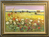 Signed Oil On Canvas Flower Meadow Landscape