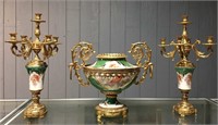 Brass & Porcelain 3 Pc. Center Bowl & Candelabras