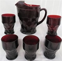 6 PC RUBY RED PITCHER & GLASSWARE