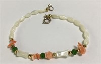 Mother Of Pearl, Coral & Jade Beaded Bracelet