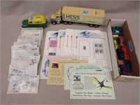 BOX OF U.S. POSTAGE STAMPS & MISC. DIECAST:
