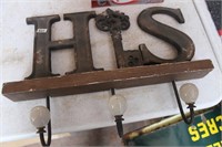 "HIS" DECORATIVE IRON AND WOOD HAT HANGER