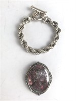 Sterling Bracelet & Brooch With Cameo