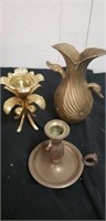 2 brass candle holders  & a brass vase