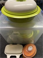 Tote of food storage containers and  steamers