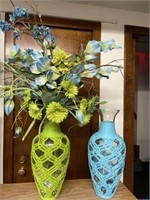 Blue and green flower vases 19” tall 
Green one