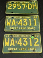 Three 1968 Michigan License Plates
