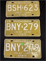 Three 1970 Michigan License Plates 2 Matching