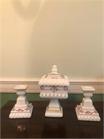 (3) Pieces Antique Hand Painted Milk Glass