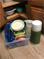 Lrg Lot Plastic Storage Containers, Strainer,
