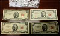 4 Red seal two dollar bills