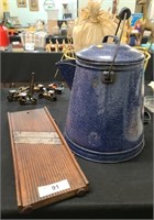 Antique enamel kettle and slaw board