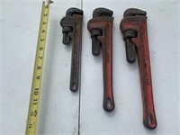 (3) RIDGID STEEL MIX SIZE / AGE PIPE WRENCHES