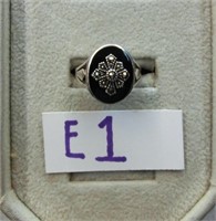 E1- sterling, onyx & marcasite Art Deco ring s