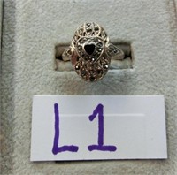 L1- sterling filigree ring w/marcasites & black