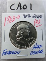 CAO1- 1963D AU Franklin half dollar