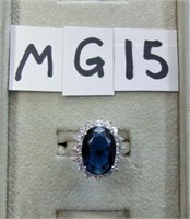 MG15- sterling ring w/dark blue stone & clear