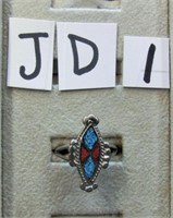 JD1- sterling w/turquoise & coral inlay ring s
