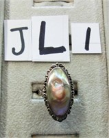 JL1- ornate sterling ring w/oval mother of pearl