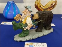 1998 RESIN FIGURE BEAR CHASING FISHERMAN WITH FISH