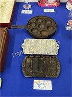 CAST IRON PANS, EBELSKIVER PAN AND TWO BREAD PANS