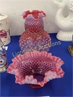 THREE PIECES OF HOBNAIL CRANBERRY GLASS