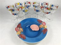 Seashell Bowl & 10 Flower Painted Goblets