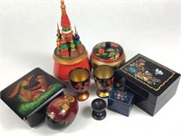 9 Painted Russian Boxes & Cups