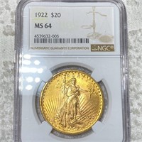 1922 $20 Gold Double Eagle NGC - MS64