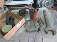RR SPIKES, LARGE WRENCH, HAND CRANK GRINDER,