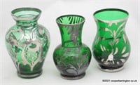 Silver Overlaid Venetian Green Glass Vases