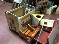 Grouping of vintage toys in toy box and wagon