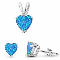 Heart Shape Blue Opal Pendant & Earrings Set