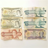 Canadian Paper Money $1,2,5, & $10