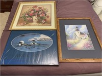 2 framed and matted prints and 1 framed poster