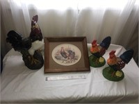 Collection of rooster painting & 3 figures