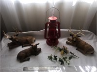 Collection of 3 ceramic deer & red  metal lantern