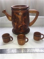 Collection of hand carved wood pitcher & cups
