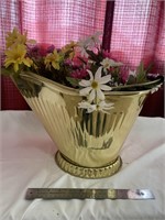 polished brass  tin coal/ash bucket with flowers