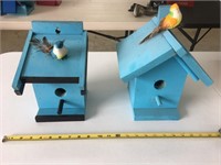 Collection of 2 handmade light blue bird houses
