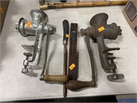 Vintage Meat grinders, level and miscellaneous