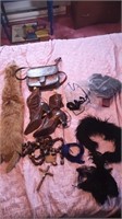 Fur stole, leather bag, vintage women's shoe, etc