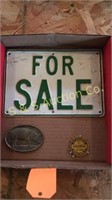For Sale sign &  wayne feeds belt buckle