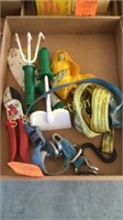 flat of ratchet straps & garden tools