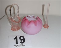 Pink Bud Vase & Pink Fenton Basket & Vase
