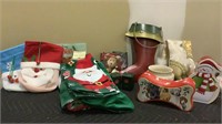 Christmas decorations,stockings,tins blanket and