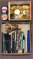 VTG pens & pencils, fishing buttons, tokens