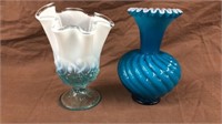 Fenton Blue opalescent vase, turquoise vase 6”