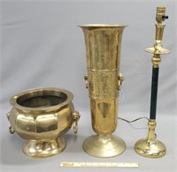 Brass Grouping: Vase, Planter, Table Lamp